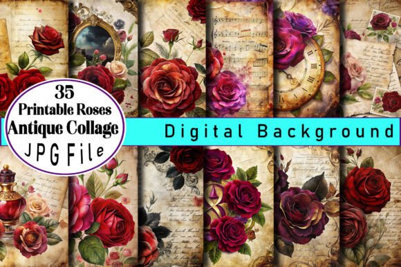 Download Printable Roses Antique Collage Paper - Printable roses Collection